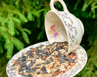 Tea cup bird feeder, tea cup and saucer, bird feeder, floral tea cup, tea party decor, tea cup, shabby chic decor, gifts