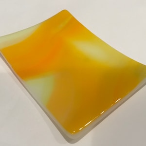 TeaBag Dish- 3.5”x 2.5” Orange & Yellow Stained  Glass Trinket Jewelry Ring Dish B06
