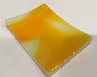 TeaBag Dish- 3.5”x 2.5” Orange & Yellow Stained  Glass Trinket Jewelry Ring Dish B06