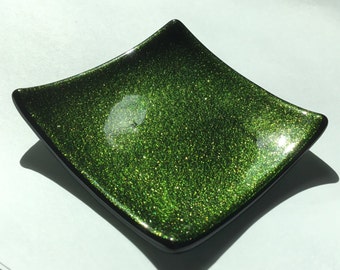 TeaBag Dish 3" Aventurine Green Sparkle Stained Glass Dish S22