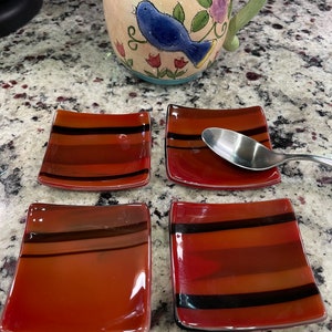 Buy 1 or a Set - TeaBag Holder Red & Black 3” Stained Glass Trinket Jewelry Ring Dish A01