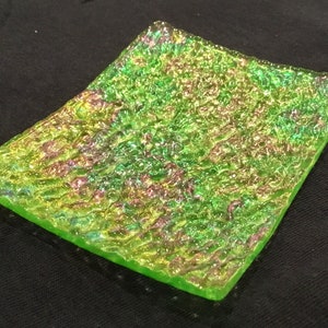 Green Iridized Ice Glass TeaBag Holder 3" x 4” Handmade Glass Ring Dish i12