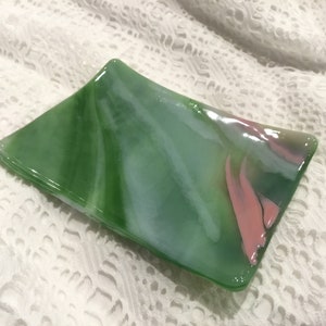 TeaBag Rest - Green & Pink 3” x 4” Stained Glass Trinket Ring Dish L07