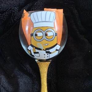 Chef minion hand painted wine glass