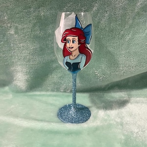 blue mermaid hand painted wine glass