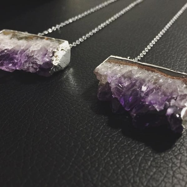 Amethyst Druzy Crystal Slice - Silver Dipped - Necklace
