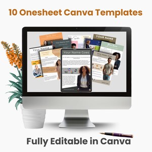 Può includere: Un monitor di computer mostra 10 modelli Canva con il testo "10 Onesheet Canva Templates". I modelli presentano vari design con il testo "Your Name" e "Your Name Here". La parte inferiore dello schermo recita "Fully Editable in Canva."