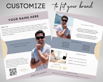 May include: A customizable business card template with a light blue and beige color scheme. The template features a photo of a man, a QR code, and space for text such as your name, a quote, a list of clients, and keynote topics.