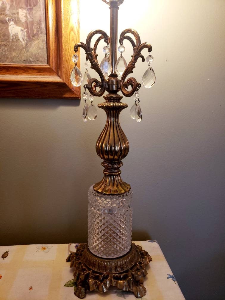 Polished Brass, Cut Crystal Table Lamp: Regency/Art Deco Elements