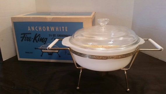 Vintage Fire-King Casserole Dish with Warmer - Anchor Hocking - Original Box