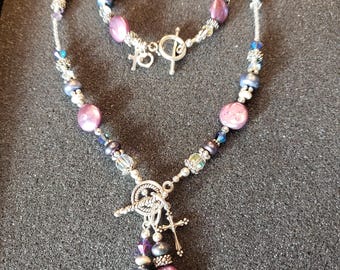 Hand beaded pink silver womens fashion necklace braclet set