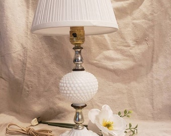 Vintage Hobnail Fenton Milk Glass Lamp: Shabby Chic Cottage Decor