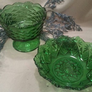 Vintage green glass pedestal or serving bowl