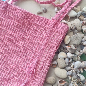 rosa Tasche, Sommer-Stricktasche, Korbtasche, rosa Strandtasche, Netztasche, rosa Damentasche, trendige Stricktasche