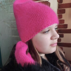 pink hat, knitted hat, fluffy hat, women&#39;s hat, warm hat, mink hat, pink, headwear, beautiful hat, handmade