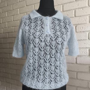 knitting, knitting top, knitted blouse, blue knitted top, knitted polo T-shirt, openwork blouse, lace T-shirt