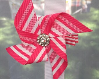 Pinwheel bow, Pink Striped Pinwheel hair bow, Summer hair bow