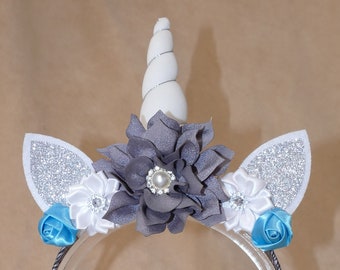 Silver and Blue Unicorn Headband, Unicorn Flower Headband, Flower Headband, Unicorn Fantasy Headband, Unicorn Party Headband