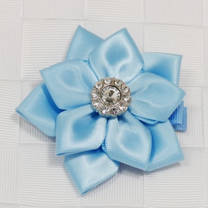 Light Blue Flower Hair Bow, Satin Ribbon Hair Bow, Ribbon Flower Hair Bow, Satin Flower Hair Bow, Flower Hair Clip, Satin Flower Hair Clip