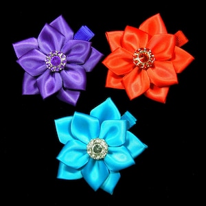 Flower Hair Bows - Set of 3, Bright Jewel Tones Hair Bow Set of 3, Flower Hair Bow Set, Satin Ribbon Flower Hair Bow Set, Set of Hair Bows
