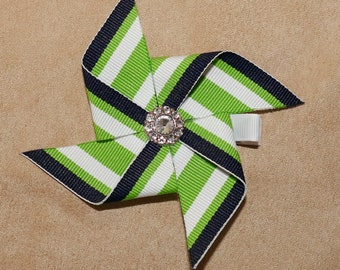 Pinwheel bow, Green, White and Navy Blue Striped Pinwheel hair bow, Summer hair bow