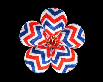 Red White and Blue Chevron Hair Bow, Five Petal Flower Hair Bow Clip, Chevron Flower Hair Bow, Girl's Hair Accessory, Ribbon Flower Hair Bow