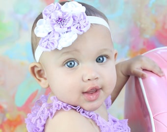 Purple Baby Headband, Infant Headband, Purple and White Baby Headband, Baby Girl Headband, Stretch Headband, Satin Flower Headband or Clip