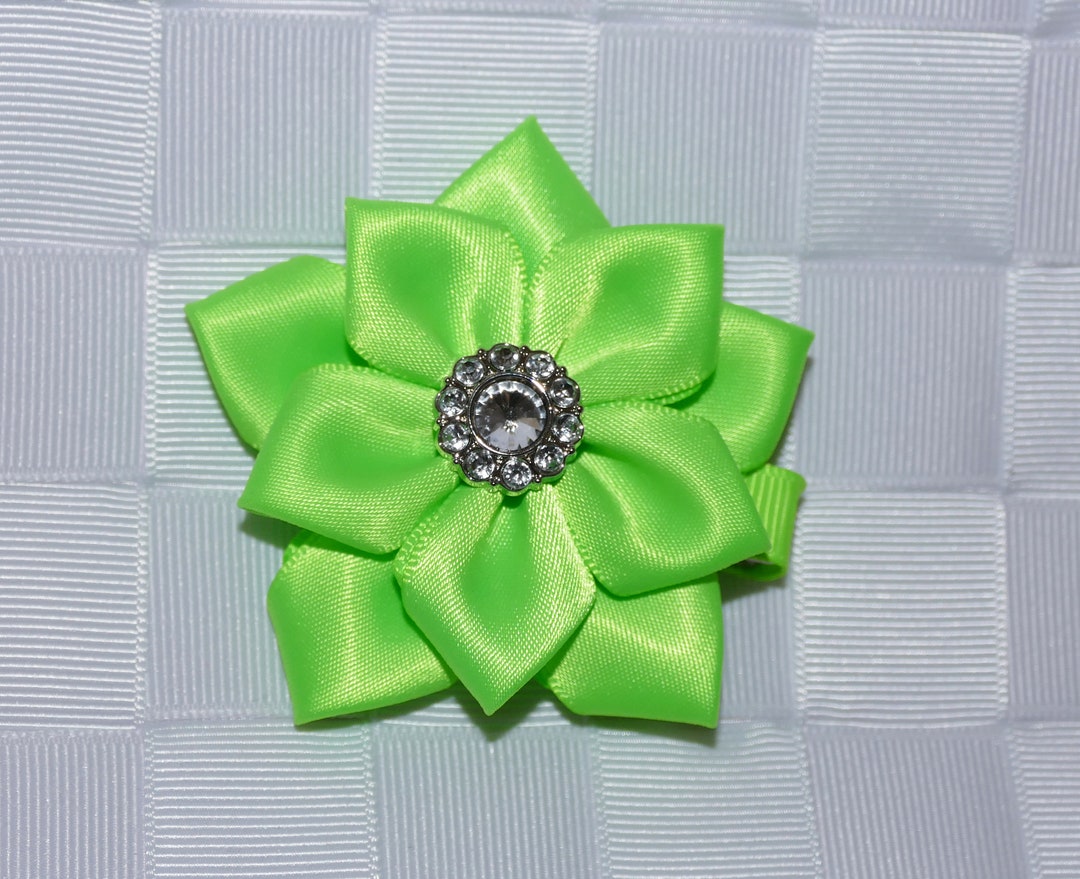 Lime Green Flower Hair Bow, Satin Ribbon Hair Bow, Ribbon Flower Hair