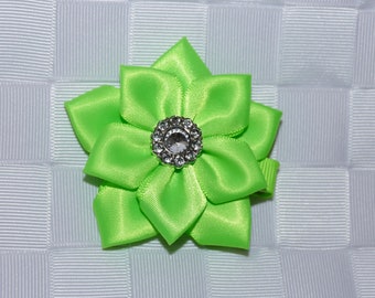Lime Green Flower Hair Bow, Satin Ribbon Hair Bow, Ribbon Flower Hair Bow, Satin Flower Hair Bow, Flower Hair Clip, Satin Flower Hair Clip