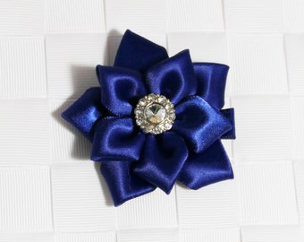 Navy Blue Flower Hair Bow, Satin Ribbon Hair Bow, Ribbon Flower Hair Bow, Satin Flower Hair Bow, Flower Hair Clip, Satin Flower Hair Clip