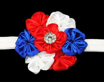 4th of July Baby Headband, Patriotic Headband, Infant Headband, Baby Headband, Baby Girl Headband, Stretch Headband, Satin Flower Headband