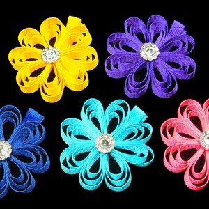 Set of Flower Hair Bows, Bright Jewel Tones Hair Bow Set of 5, Flower Hair Bow Set, Ribbon Flower Hair Bow Set, Set of Hair Bows