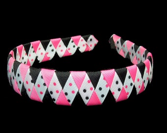 Hot Pink and Black Woven Headband, Woven Polka Dot Headband, Pink and Black Headband, Ribbon Headband, Woven Ribbon Headband