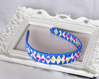 Blue woven headband with dots, Blue ribbon headband, girl headband