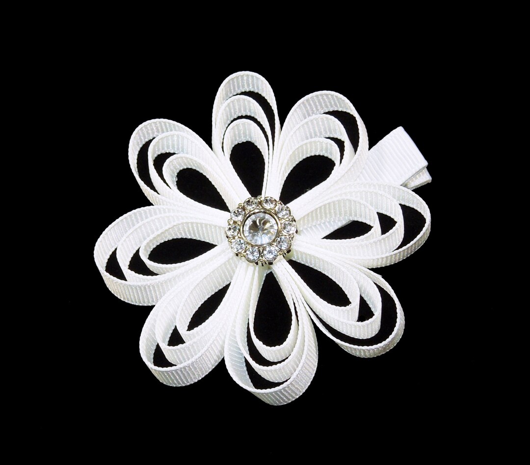White Ribbon Flower Hair Bow Loop Flower Hair Bow Flower Etsy