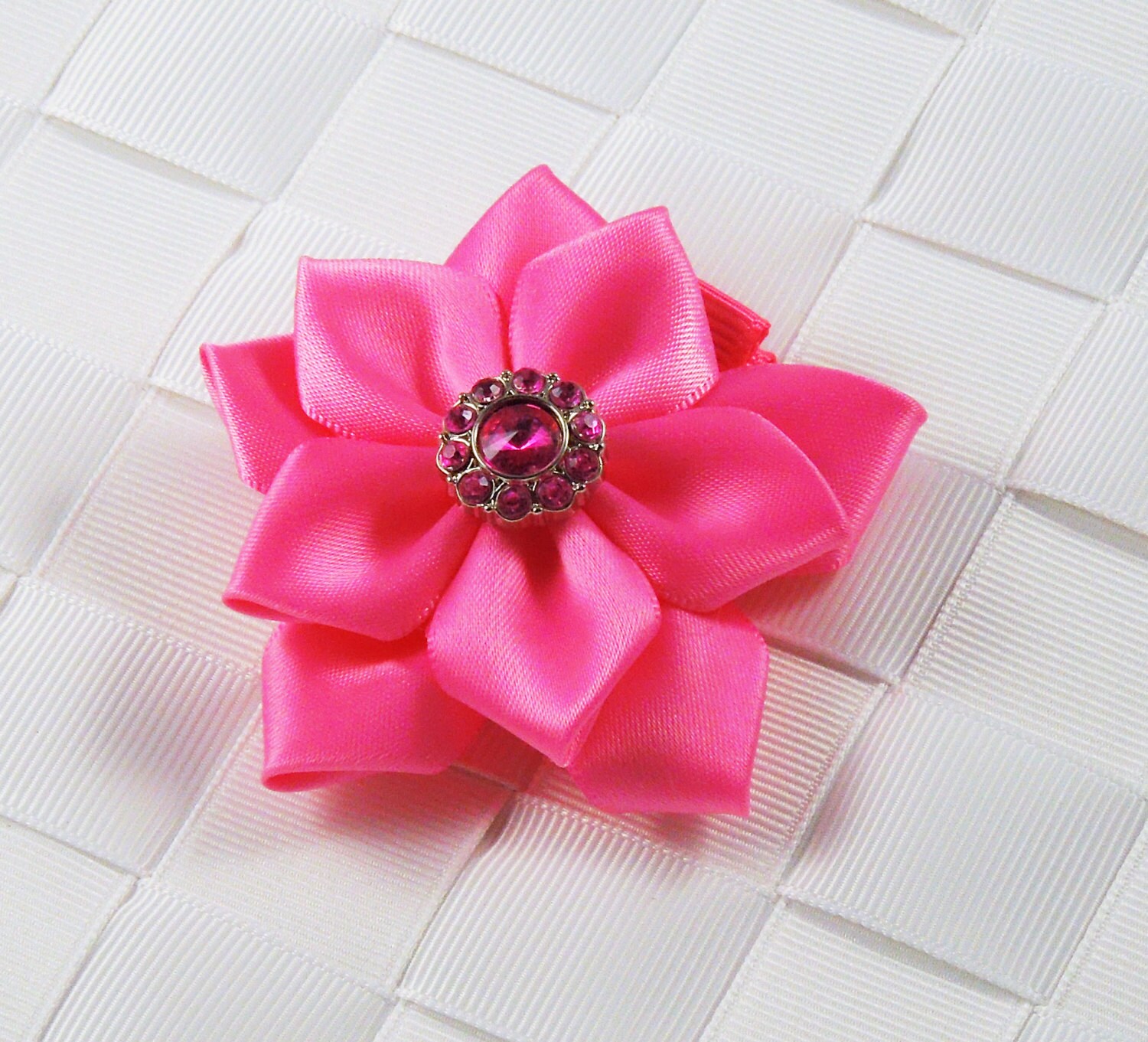 Hot Pink Flower Hair Bow Satin Ribbon Hair Bow Ribbon Flower Etsy