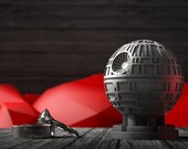 Black Star Geek Engagement Ring Box - Proposal Ring Bearer for Nerd Wedding Ceremony - Geeky Sci Fi Wars and Death Spaceship Fan Ring Stand
