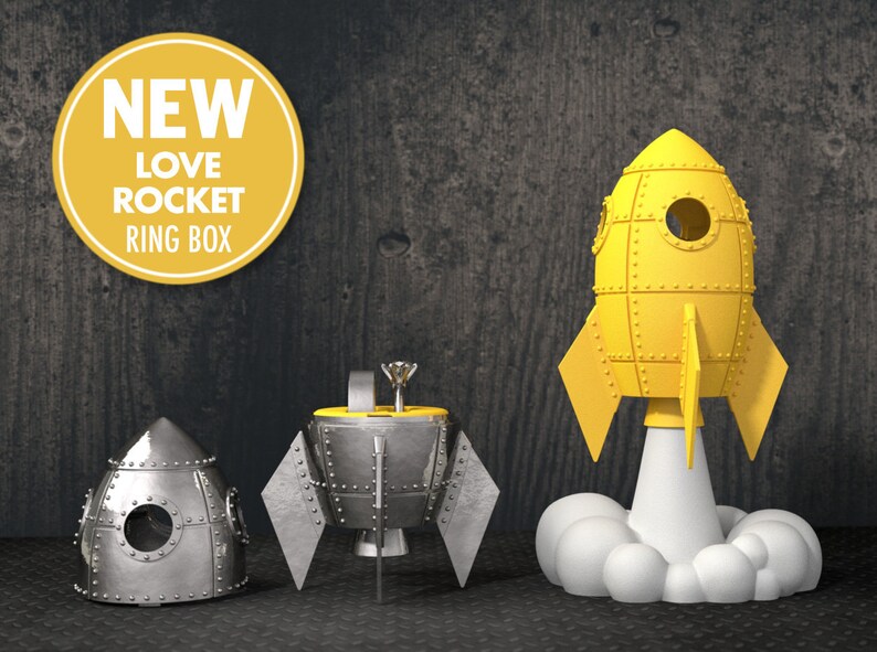 Love Rocket Ring Box Cool Bridal Steampunk Jewelry Case Retro Engagement or Proposal Ring Bearer Box Geek Ring Stand for Nerdy Wedding