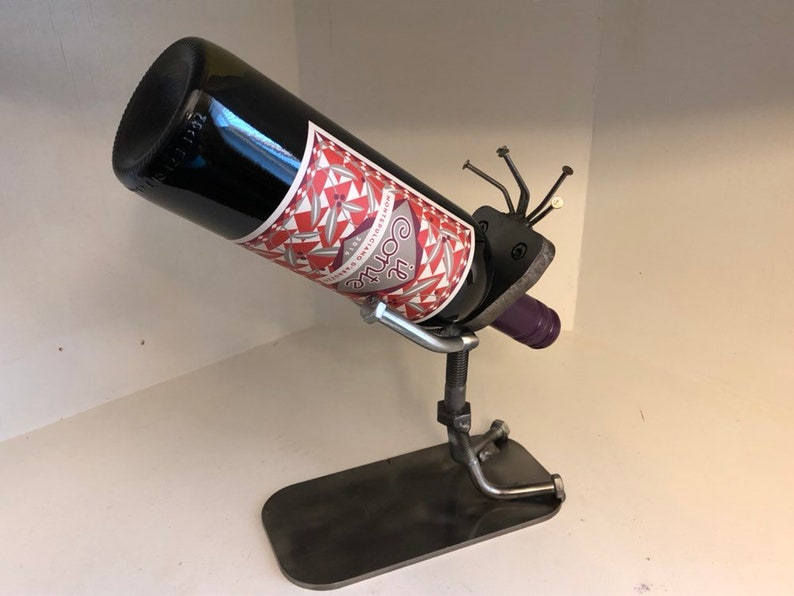 wine bottle holder/ wine holder/recycled metal art/unique wine rack image 2