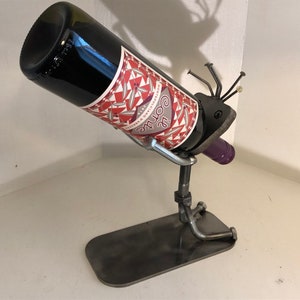 wine bottle holder/ wine holder/recycled metal art/unique wine rack image 1