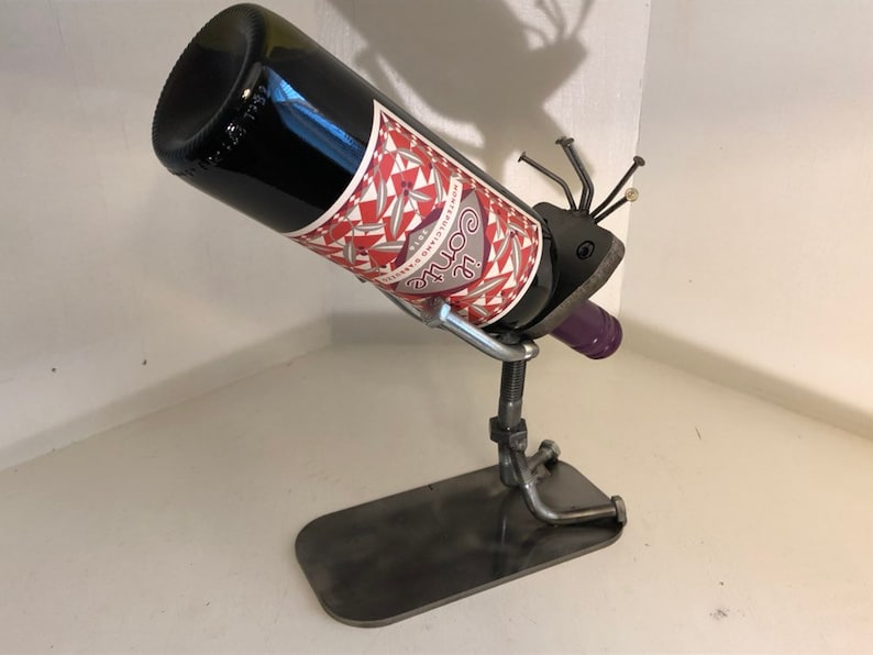 wine bottle holder/ wine holder/recycled metal art/unique wine rack image 1