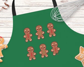 Green Funny Gingerbread Man Kitchen Apron, Christmas Apron, Kawaii Holiday Apron Dress, Festive Baking Gift for Mom
