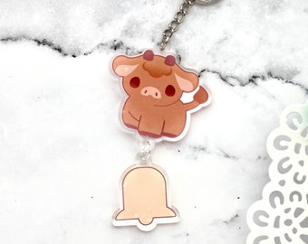 Kawaii Highland Cow with Bell Acrylic Charm Keychain, Cute Keychain for Bags and Purses, Backpack Tag, Makeup Bag Zipper Charm, Gift for Her