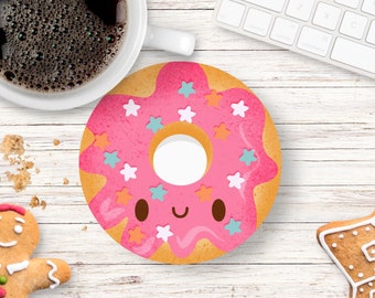 Donut Kawaii Cork Back Coaster, Anime Merch, Cute Gamer Gifts for Desk, Coffee Bar Accessories, Drink Coaster, Stocking Stuffers