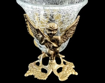 Angel Brass and Glass Candle Holder ~ Crystal Ball Holder ~ Candy or Jewelry Dish