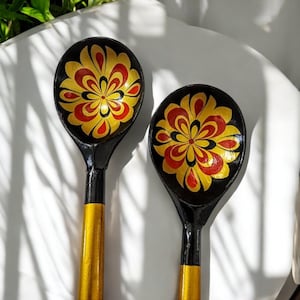 Folk Art Wooden Lacquered Salad Spoons | Russian Hand Painted  Khokhloma Decor