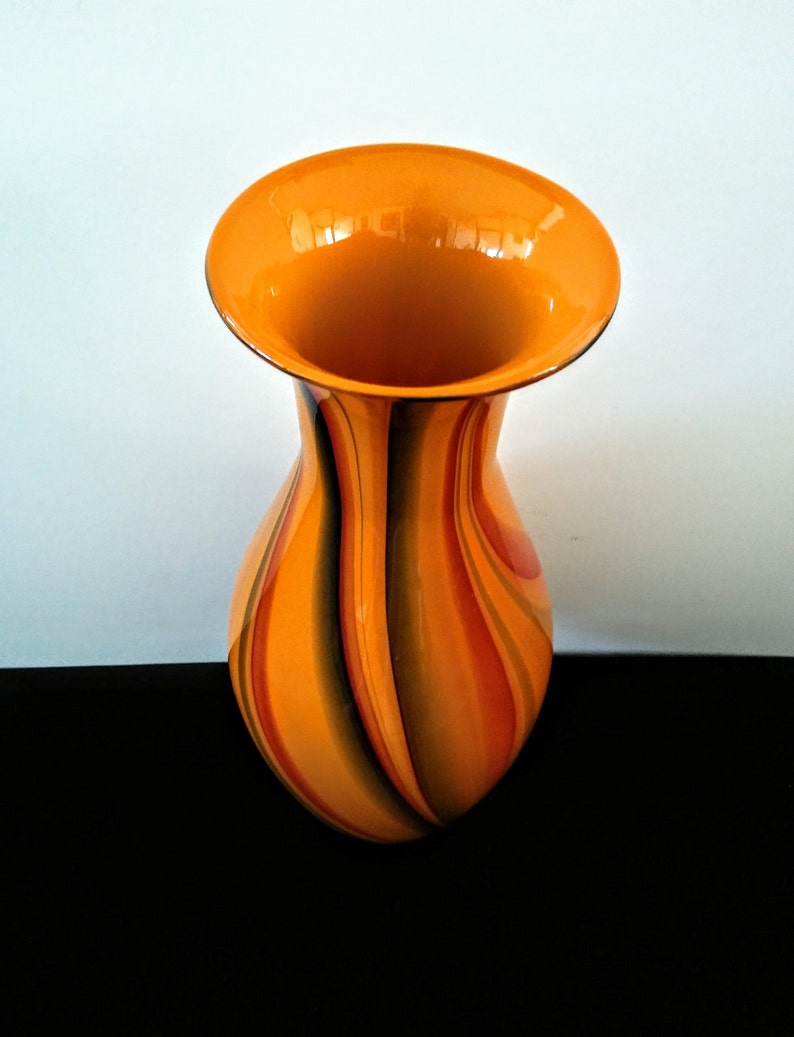 Large Orange Swirl Art Glass Floor Vase Vintage Hippie Decor
