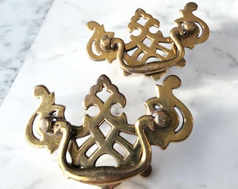 Ensemble de poignées de tiroir en laiton vintage ~ Design traditionnel anglais Chippendale