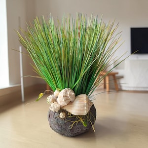 May include: A decorative arrangement featuring a cluster of tall, vibrant green grass blades emerging from a dark, textured, rounded base. The base is adorned with several light-colored, natural seashells and a small, circular metallic accent piece.