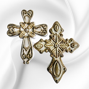 Cross Crucifix Wall Hangings ~ Ornate Ceramic Wall Decor ~ Set of 2